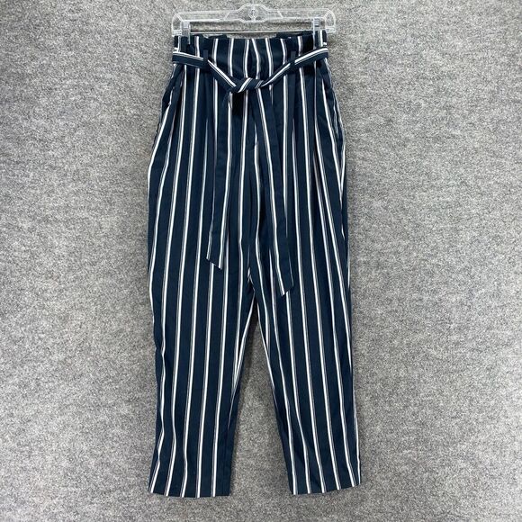 H&M Pants Women 8 Blue Striped Belted High Rise Flat Front Chino Casual Pockets - Picture 1 of 10